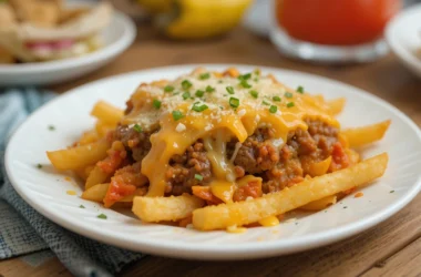 Delicious Cheeseburger French Fry Casserole topped with cheese and crispy fries
