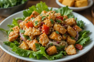 Crunchy Asian Sesame Chicken Salad with colorful vegetables and sesame dressing