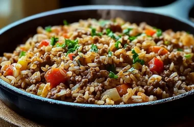 Bowl of Dirty Rice with Ground Beef garnished with green onions