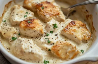 Creamy Swiss Chicken Casserole garnished with herbs in a baking dish
