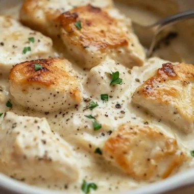 Creamy Swiss Chicken Casserole garnished with herbs in a baking dish