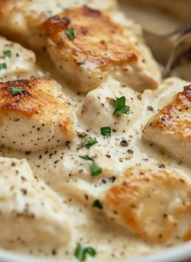 Creamy Swiss Chicken Casserole garnished with herbs in a baking dish