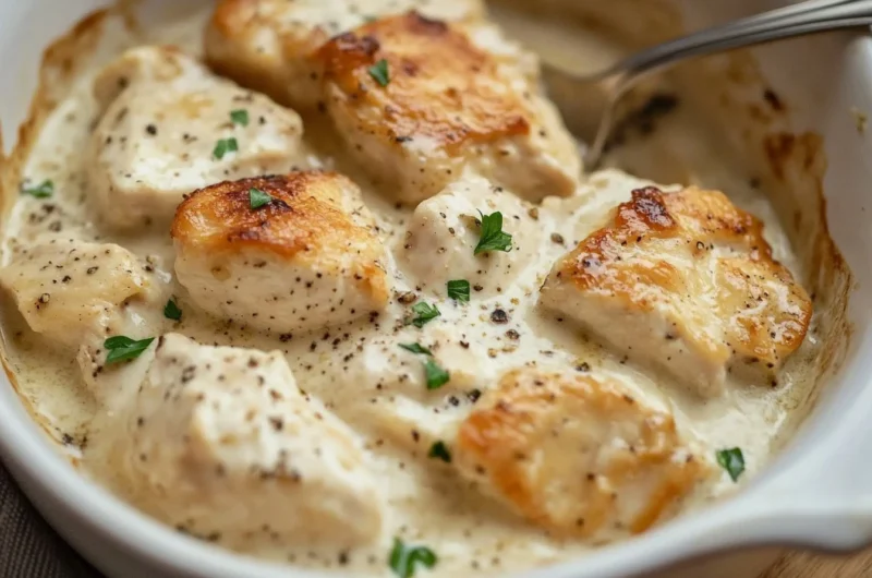 Creamy Swiss Chicken Casserole garnished with herbs in a baking dish