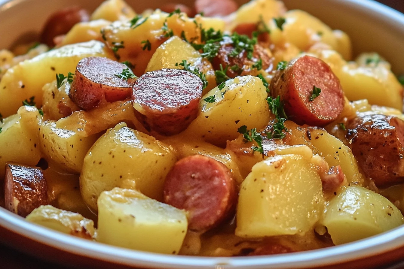 crockpot cheesy potatoes and kielbasa