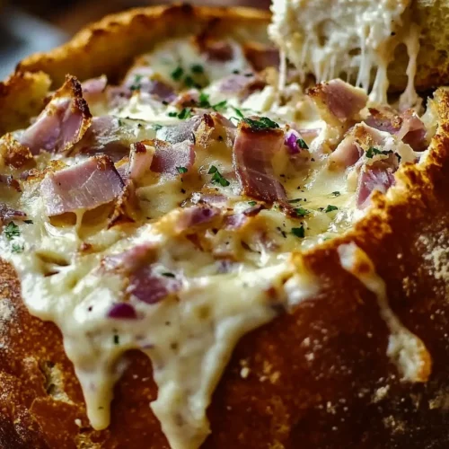 melty reuben party dip in a rye bread bowl