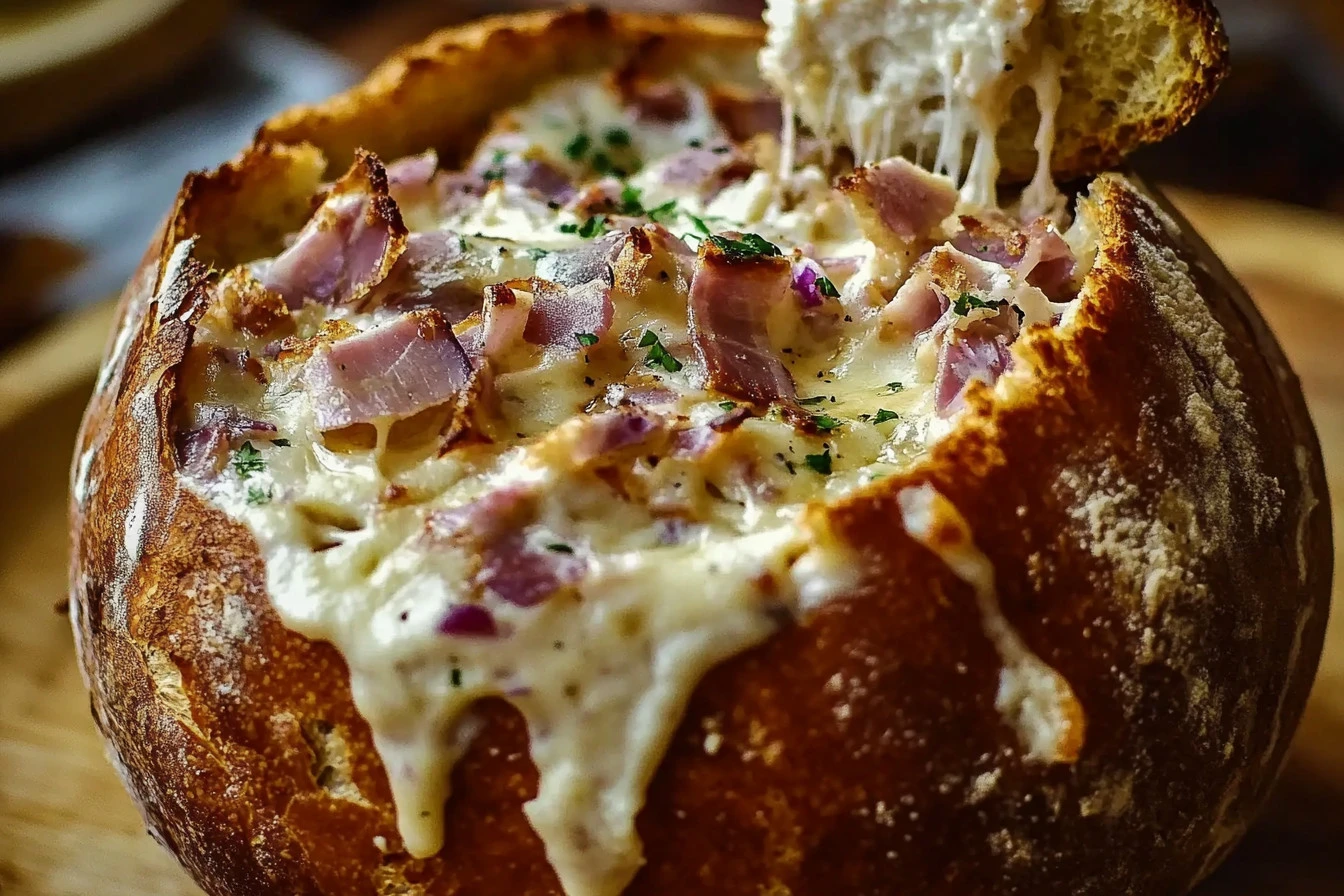 melty reuben party dip in a rye bread bowl